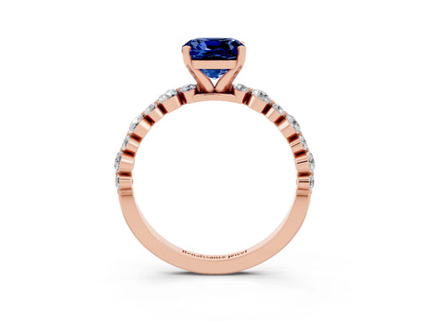 Rose gold Cushion Cut Blue Sapphire Prong Set Engagement Ring with Pavé Band_3