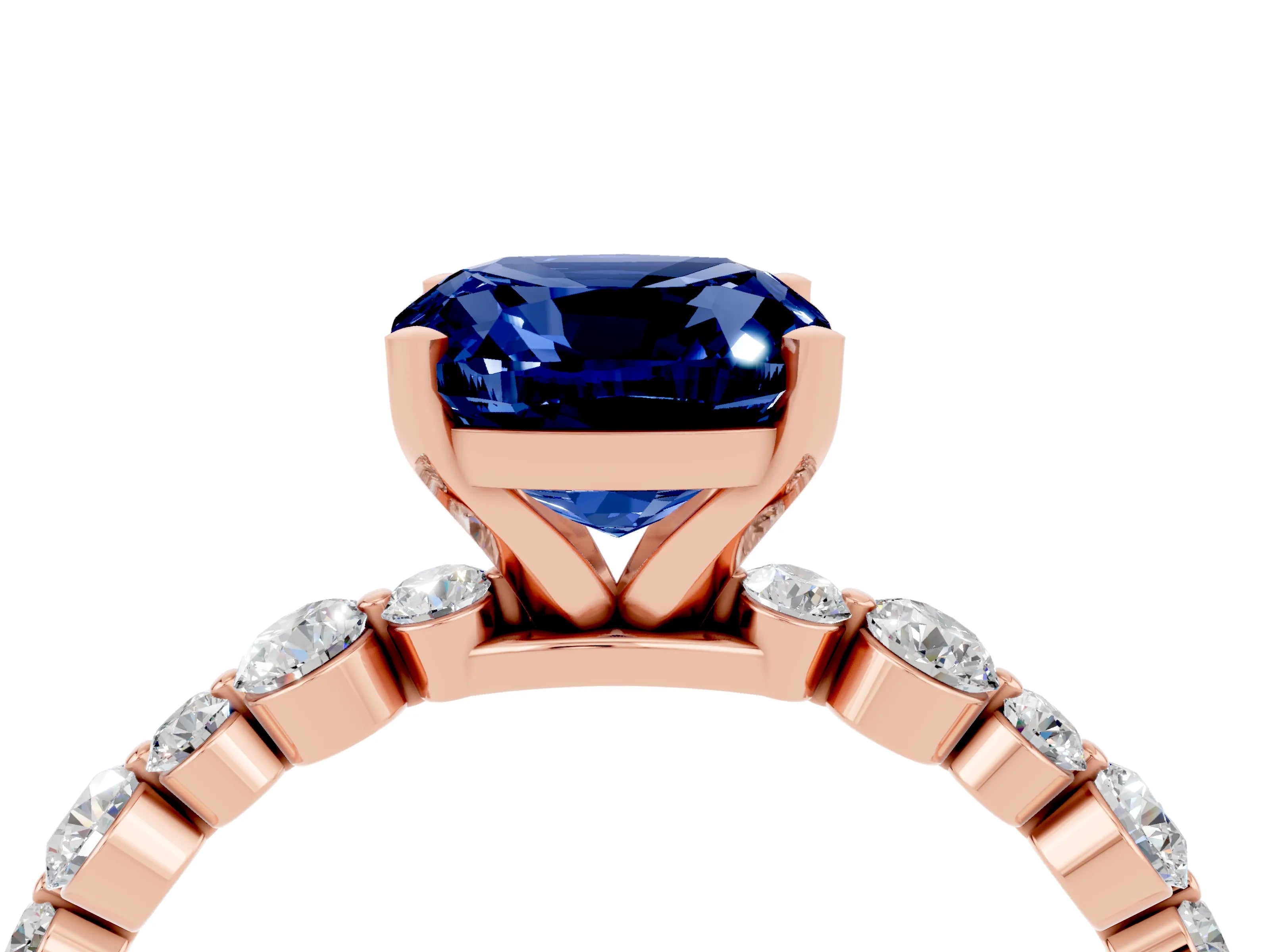 Rose gold Cushion Cut Blue Sapphire Prong Set Engagement Ring with Pavé Band_4