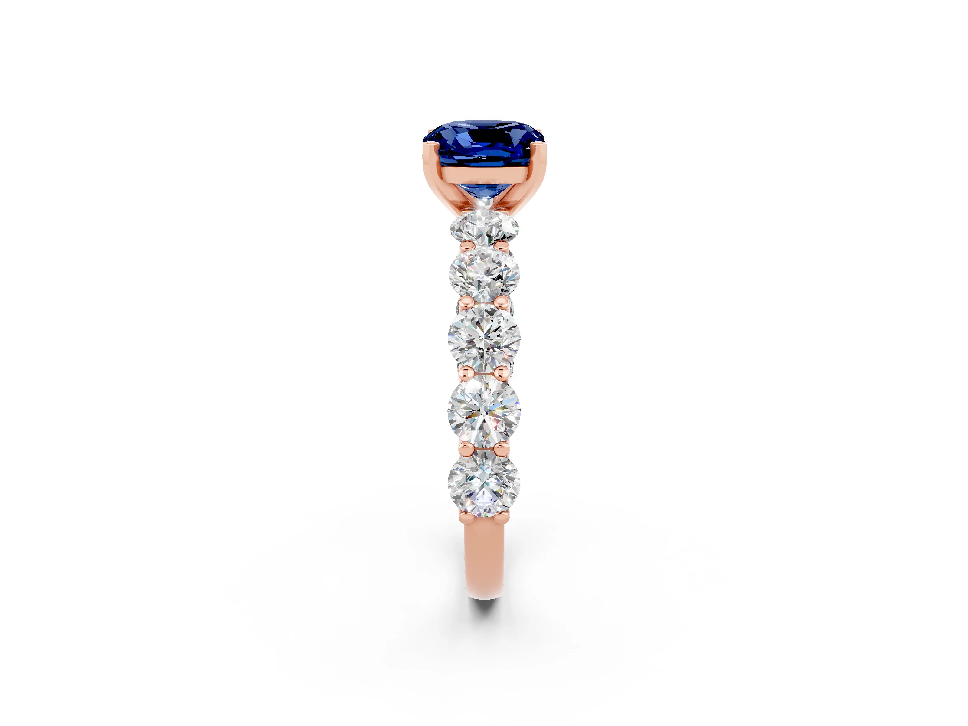 Rose gold Cushion Cut Blue Sapphire Prong Setting with Side Stones on a Pave Band_2