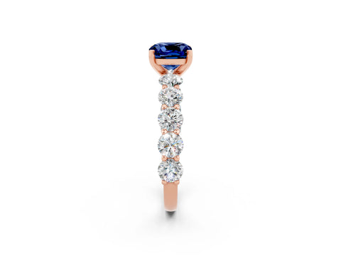 Rose gold Cushion Cut Blue Sapphire Prong Setting with Side Stones on a Pave Band_2