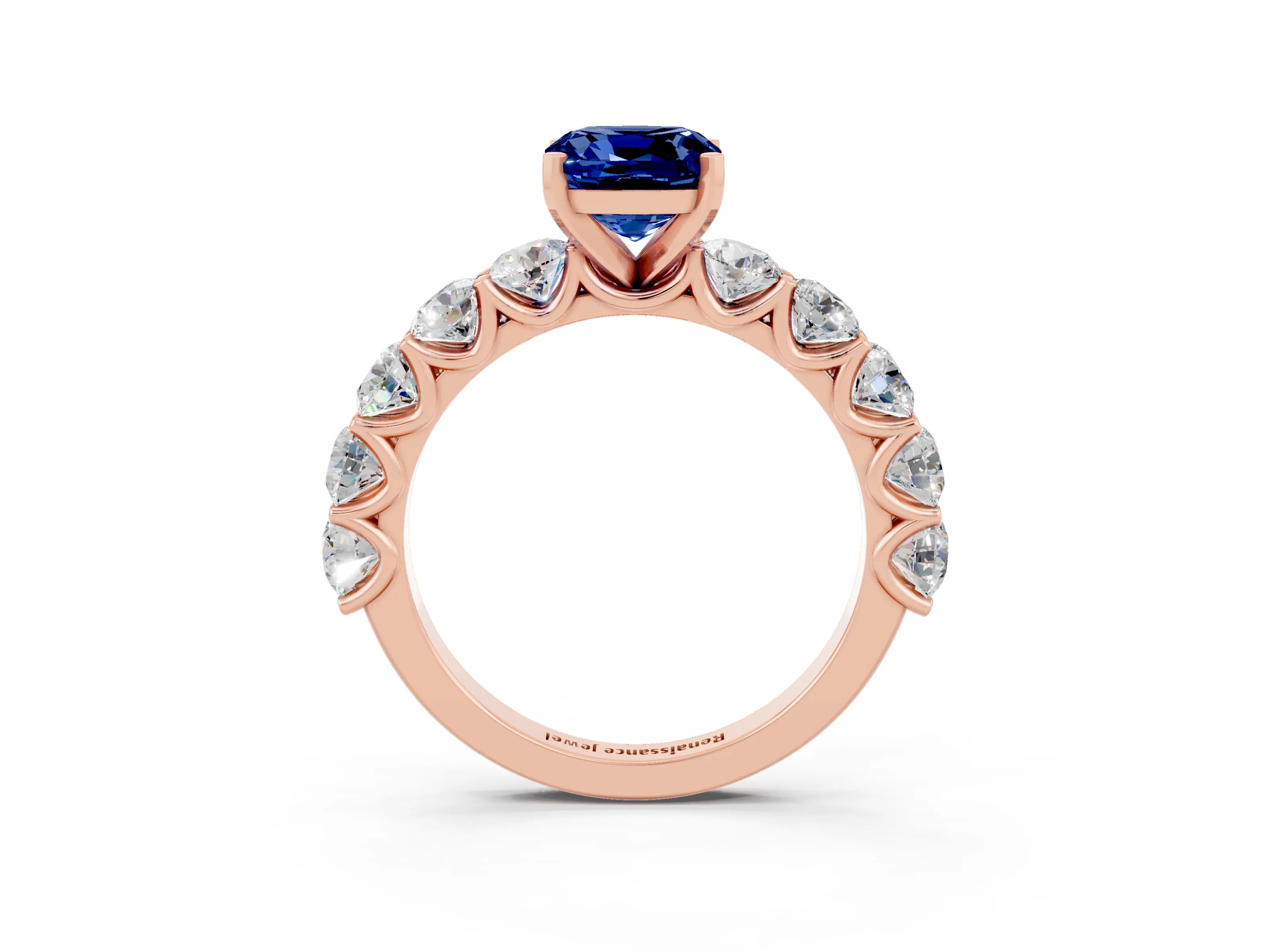 Rose gold Cushion Cut Blue Sapphire Prong Setting with Side Stones on a Pave Band_3
