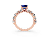 Rose gold Cushion Cut Blue Sapphire Prong Setting with Side Stones on a Pave Band_3
