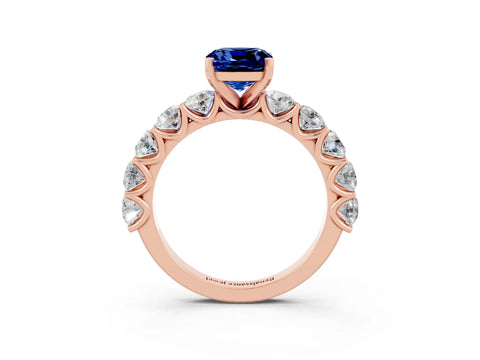 Rose gold Cushion Cut Blue Sapphire Prong Setting with Side Stones on a Pave Band_3