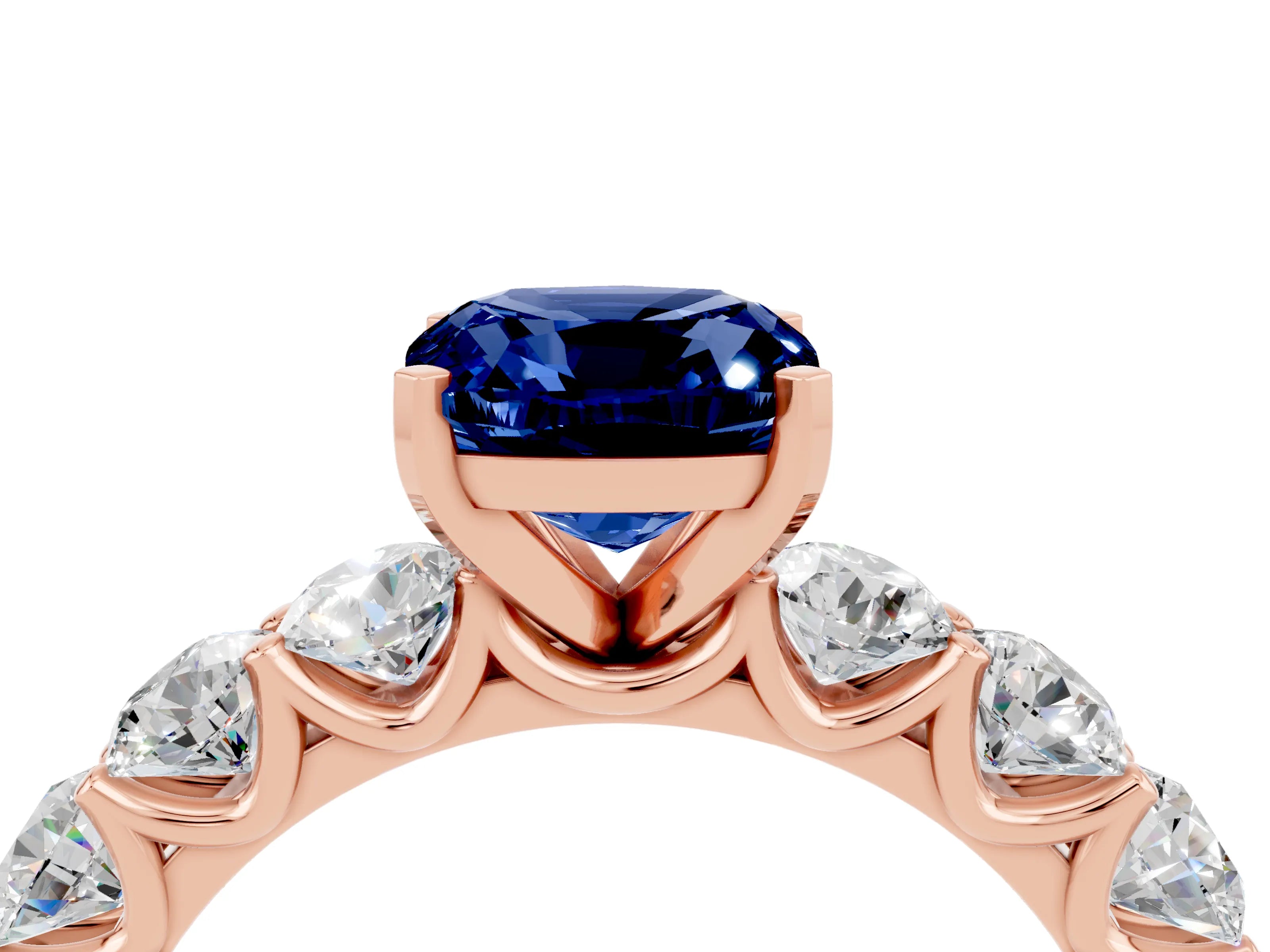 Rose gold Cushion Cut Blue Sapphire Prong Setting with Side Stones on a Pave Band_4
