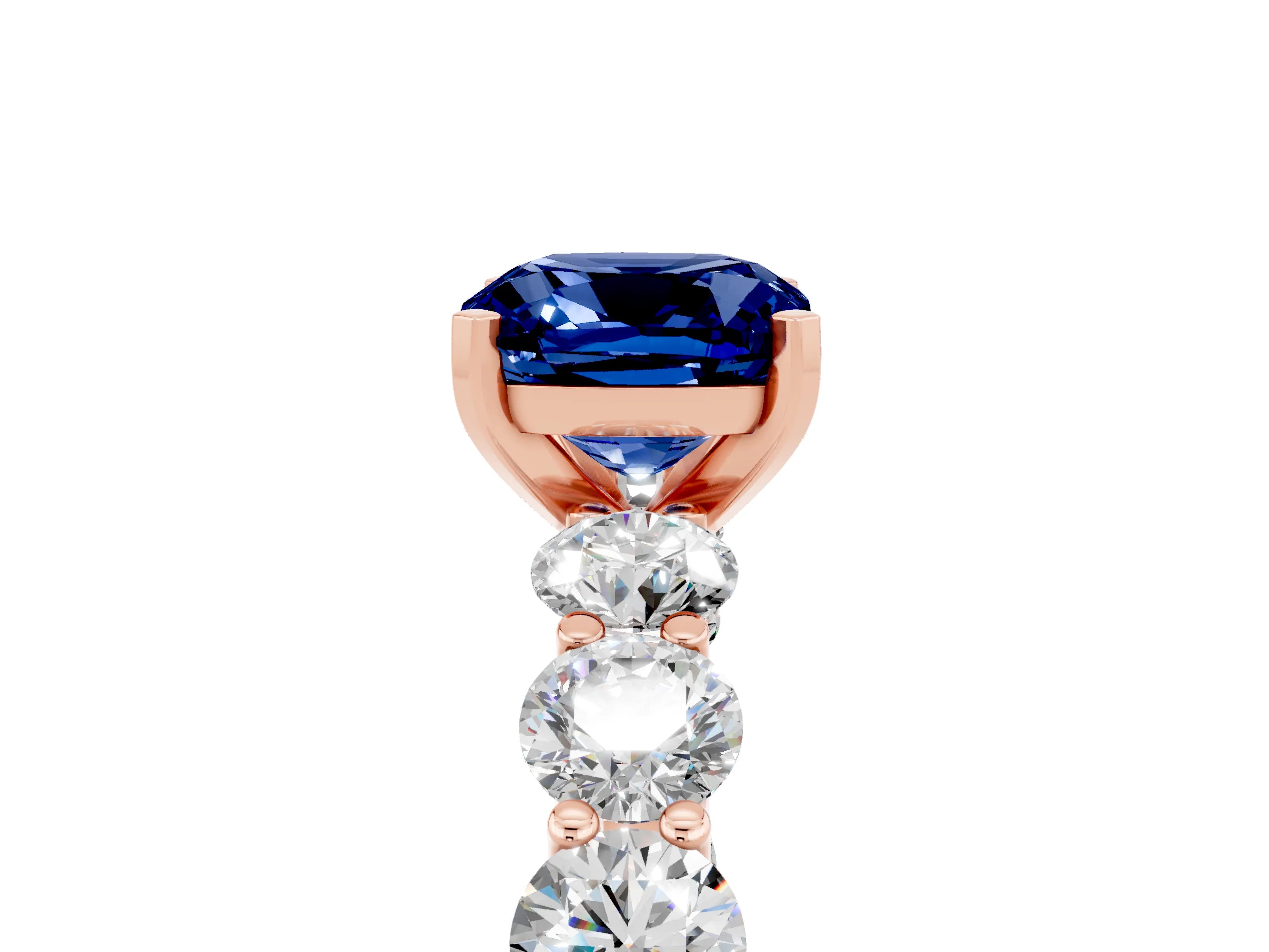 Rose gold Cushion Cut Blue Sapphire Prong Setting with Side Stones on a Pave Band_5