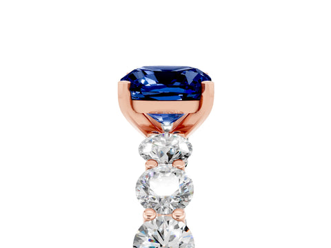 Rose gold Cushion Cut Blue Sapphire Prong Setting with Side Stones on a Pave Band_5