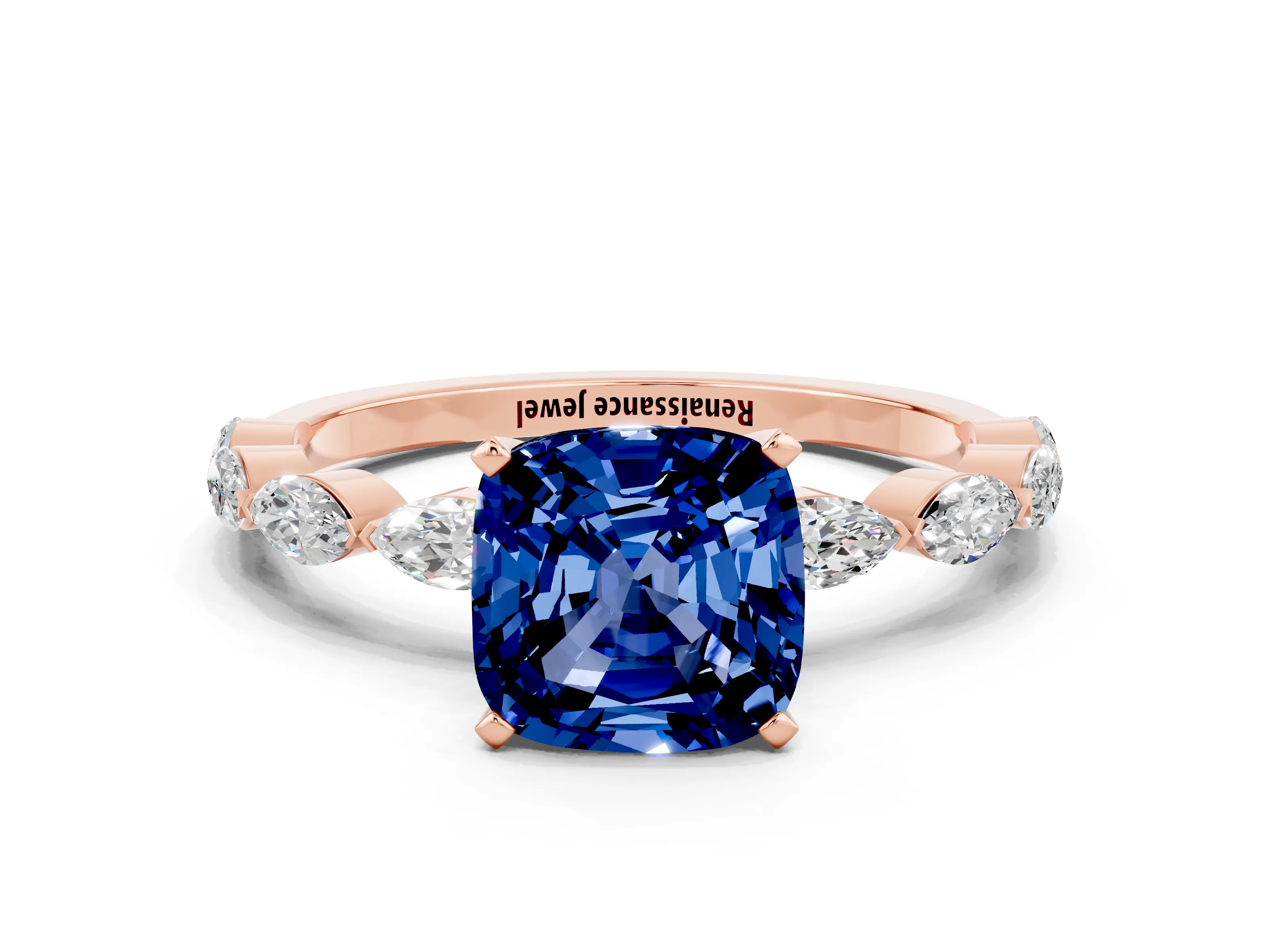 Rose gold Cushion Cut Blue Sapphire Ring with Marquise Side Stones and Prong Setting