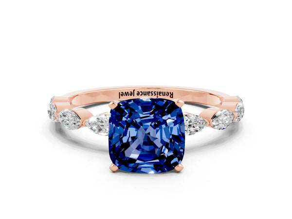 Rose gold Cushion Cut Blue Sapphire Ring with Marquise Side Stones and Prong Setting
