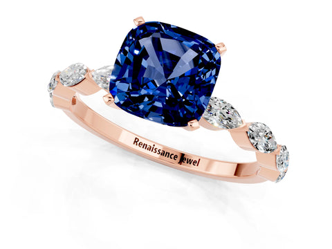 Rose gold Cushion Cut Blue Sapphire Ring with Marquise Side Stones and Prong Setting_1