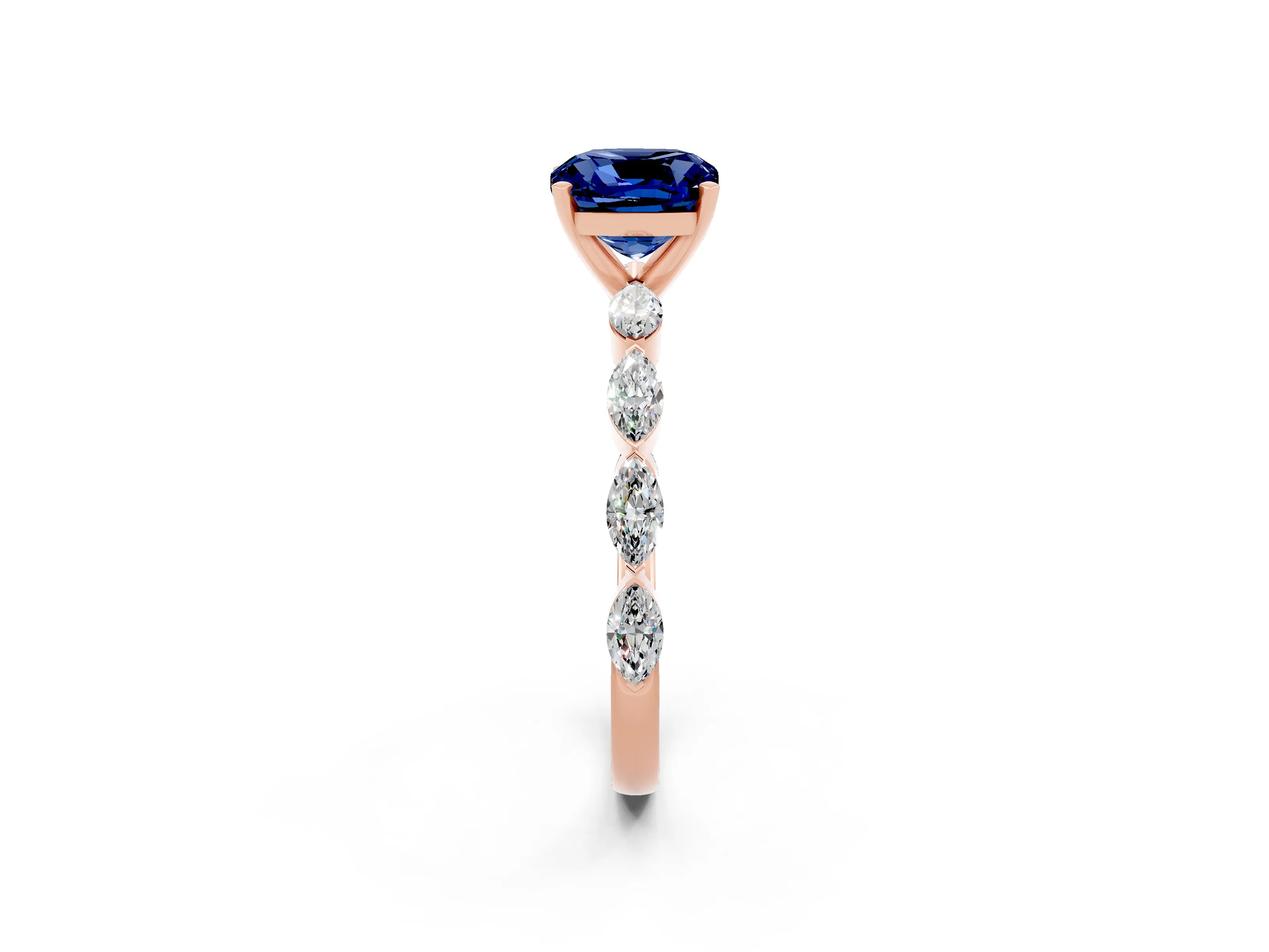 Rose gold Cushion Cut Blue Sapphire Ring with Marquise Side Stones and Prong Setting_2