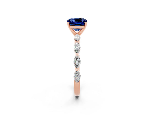 Rose gold Cushion Cut Blue Sapphire Ring with Marquise Side Stones and Prong Setting