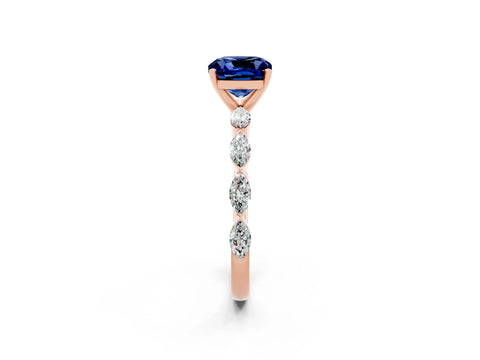 Rose gold Cushion Cut Blue Sapphire Ring with Marquise Side Stones and Prong Setting_2