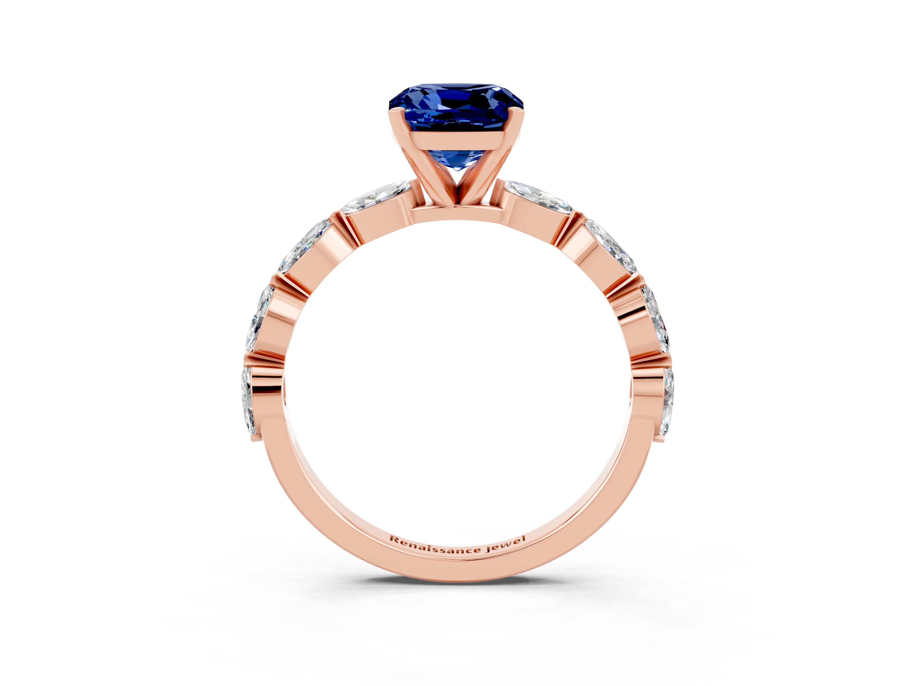 Rose gold Cushion Cut Blue Sapphire Ring with Marquise Side Stones and Prong Setting_3