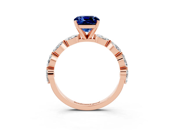 Rose gold Cushion Cut Blue Sapphire Ring with Marquise Side Stones and Prong Setting