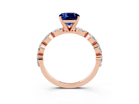 Rose gold Cushion Cut Blue Sapphire Ring with Marquise Side Stones and Prong Setting_3