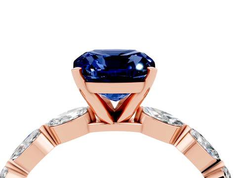Rose gold Cushion Cut Blue Sapphire Ring with Marquise Side Stones and Prong Setting_4