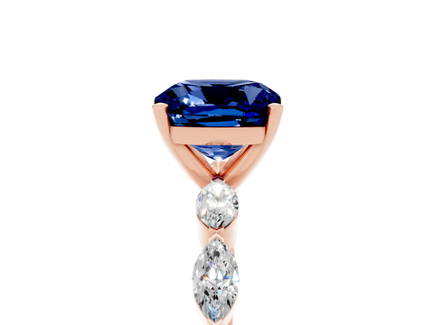 Rose gold Cushion Cut Blue Sapphire Ring with Marquise Side Stones and Prong Setting_5