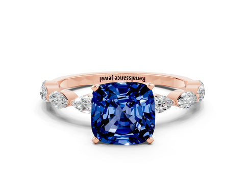 Rose gold Cushion Cut Blue Sapphire Ring with Marquise Side Stones and Prong Setting