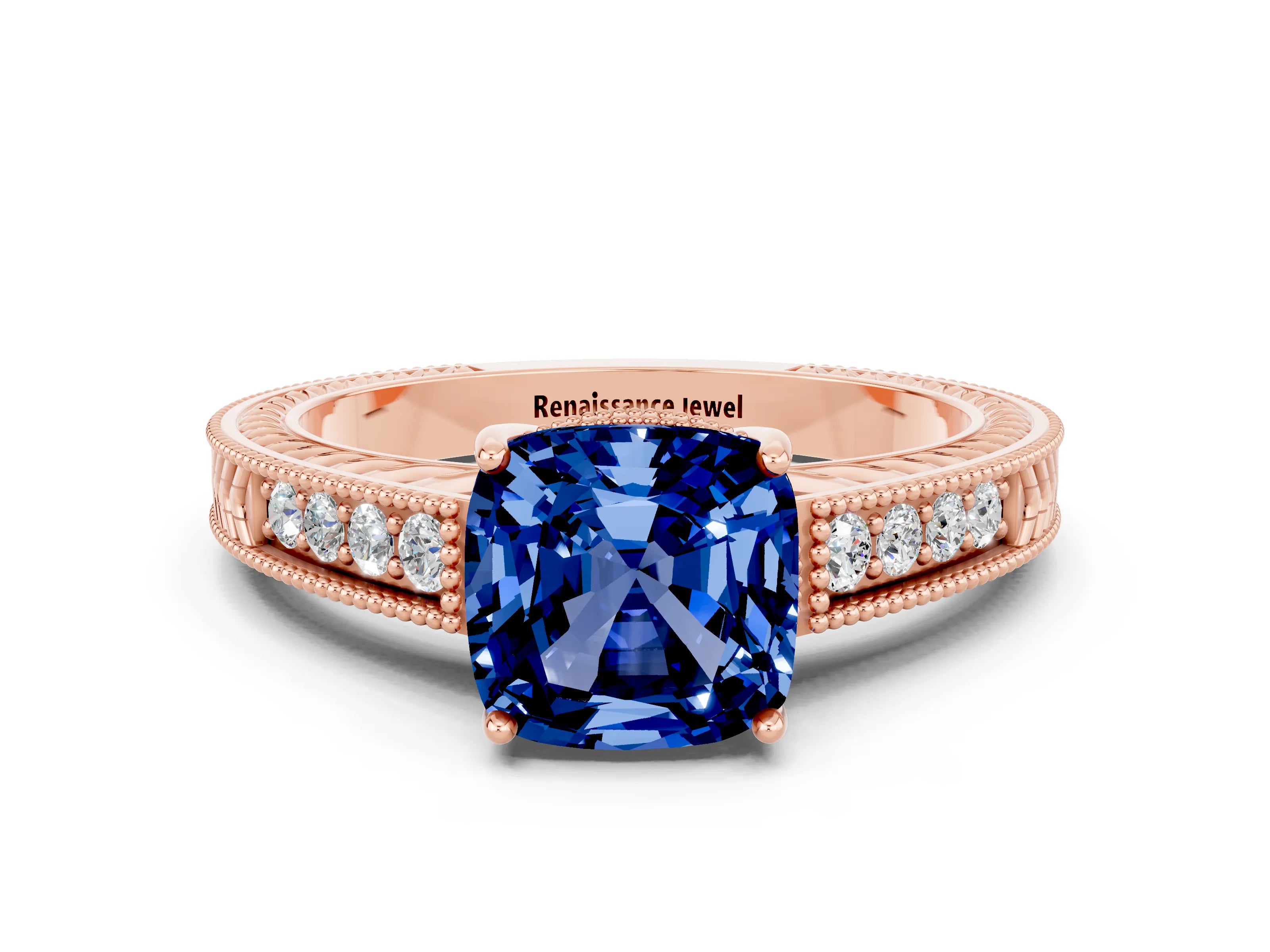 Rose gold Cushion Cut Blue Sapphire Ring with Milgrain Pavé Band and Four-Prong Setting_12