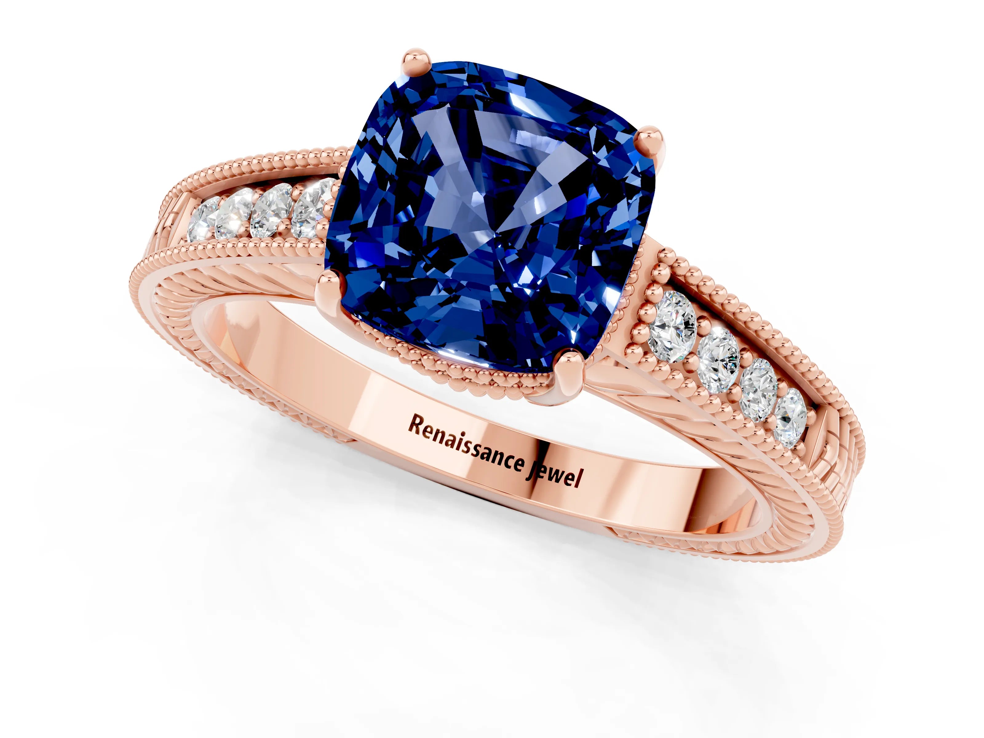 Rose gold Cushion Cut Blue Sapphire Ring with Milgrain Pavé Band and Four-Prong Setting_13