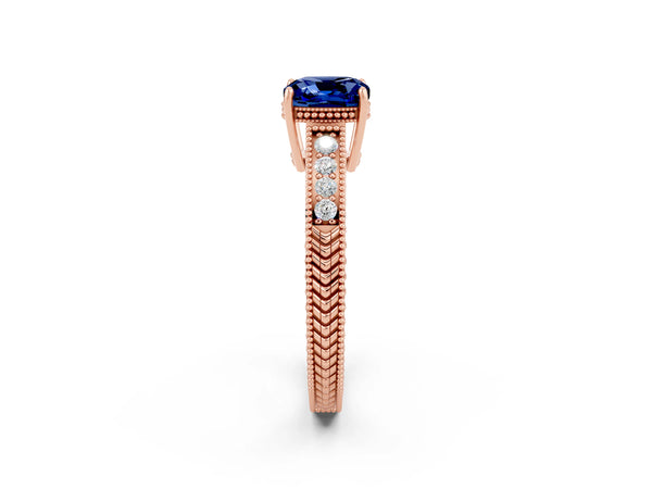 Rose gold Cushion Cut Blue Sapphire Ring with Milgrain Pavé Band and Four-Prong Setting