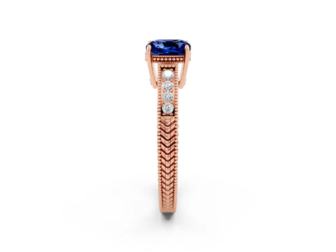 Rose gold Cushion Cut Blue Sapphire Ring with Milgrain Pavé Band and Four-Prong Setting_14