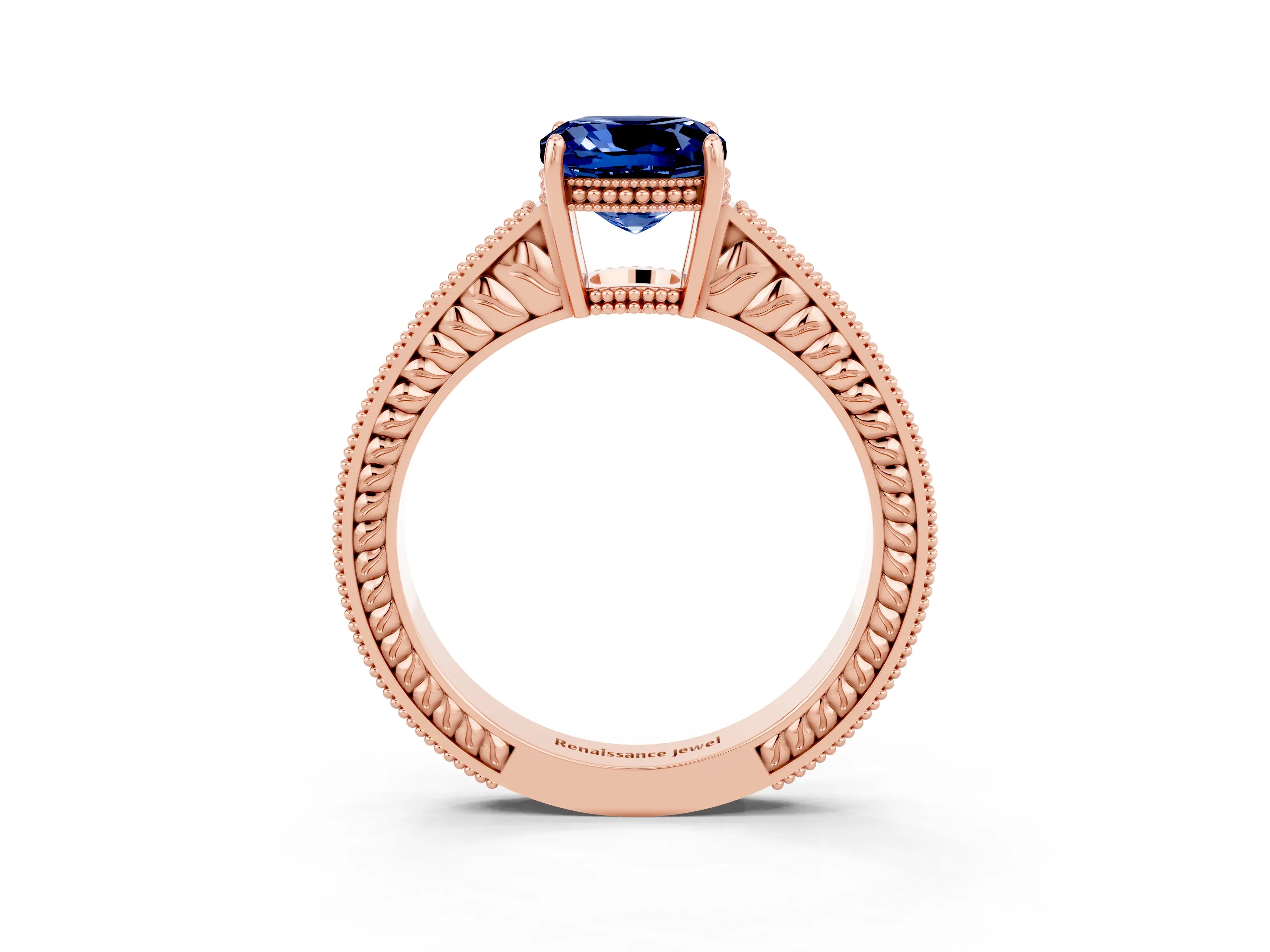 Rose gold Cushion Cut Blue Sapphire Ring with Milgrain Pavé Band and Four-Prong Setting_15