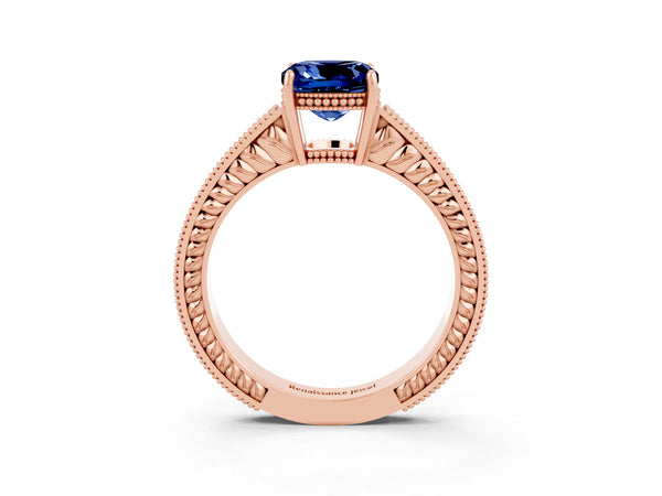 Rose gold Cushion Cut Blue Sapphire Ring with Milgrain Pavé Band and Four-Prong Setting