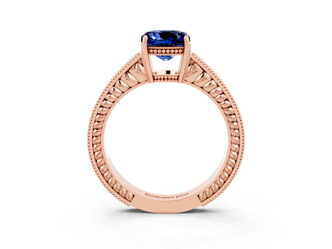 Rose gold Cushion Cut Blue Sapphire Ring with Milgrain Pavé Band and Four-Prong Setting_15