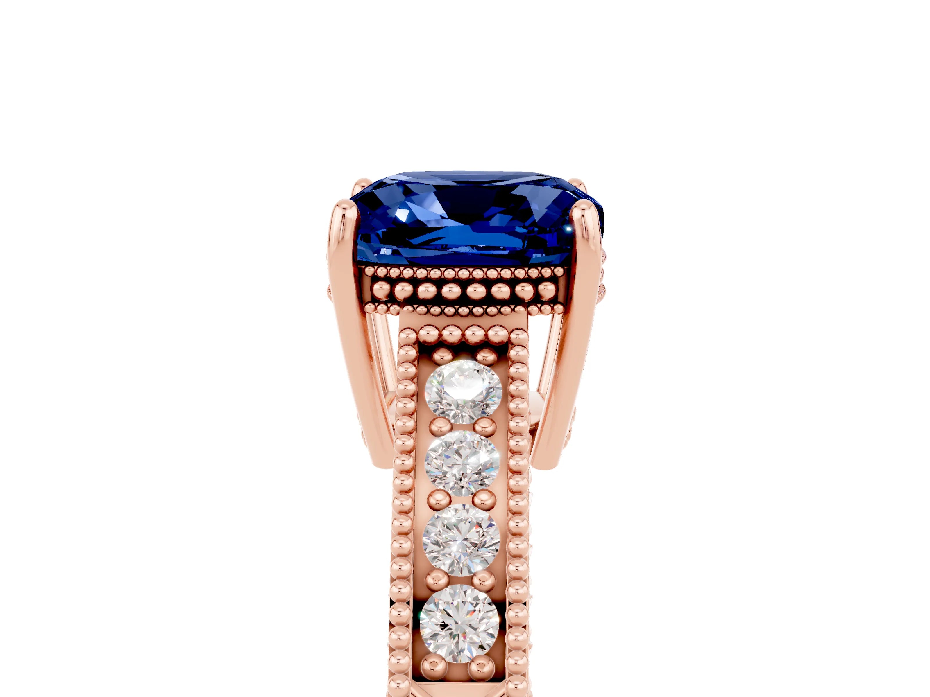 Rose gold Cushion Cut Blue Sapphire Ring with Milgrain Pavé Band and Four-Prong Setting_17