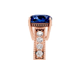 Rose gold Cushion Cut Blue Sapphire Ring with Milgrain Pavé Band and Four-Prong Setting_17