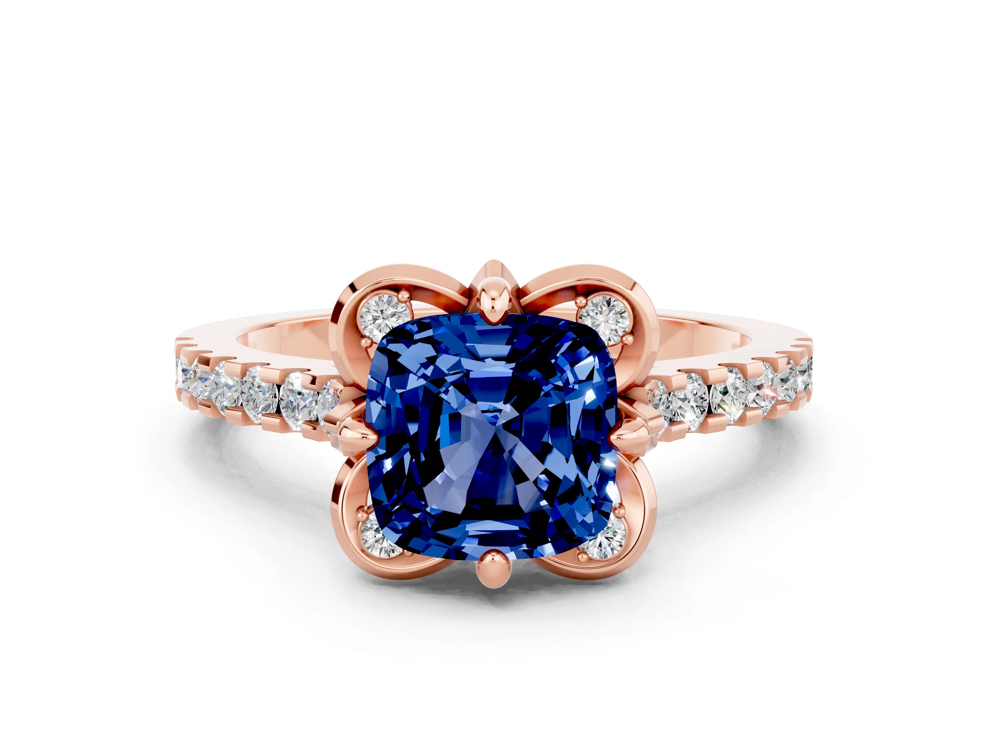 Rose gold Cushion Cut Blue Sapphire Ring with Pavé Band and Floral Prong Setting