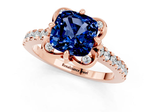 Rose gold Cushion Cut Blue Sapphire Ring with Pavé Band and Floral Prong Setting_1