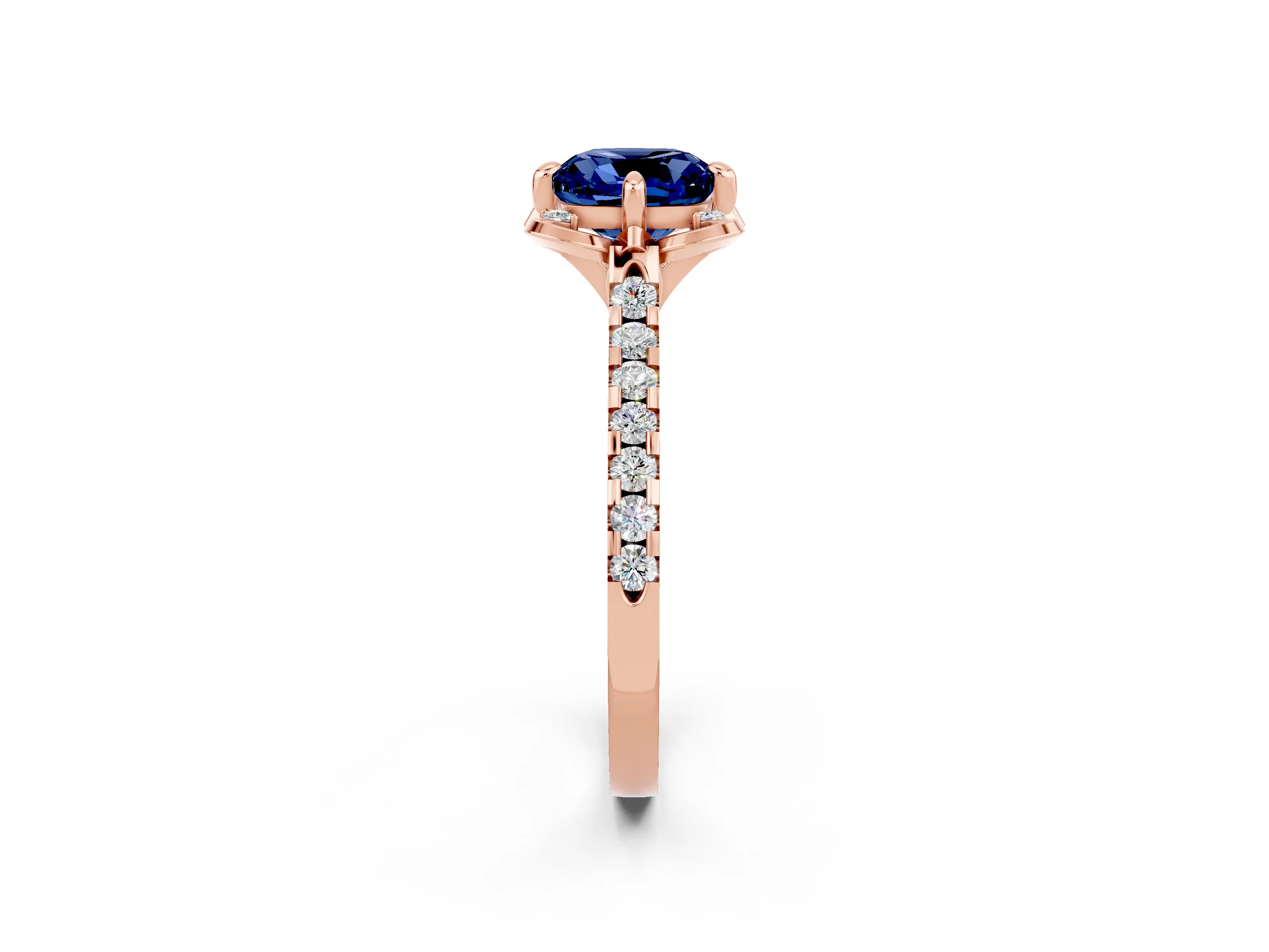 Rose gold Cushion Cut Blue Sapphire Ring with Pavé Band and Floral Prong Setting_2