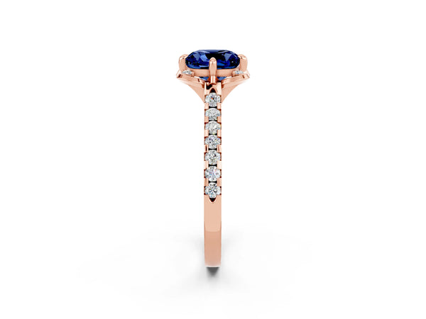 Rose gold Cushion Cut Blue Sapphire Ring with Pavé Band and Floral Prong Setting