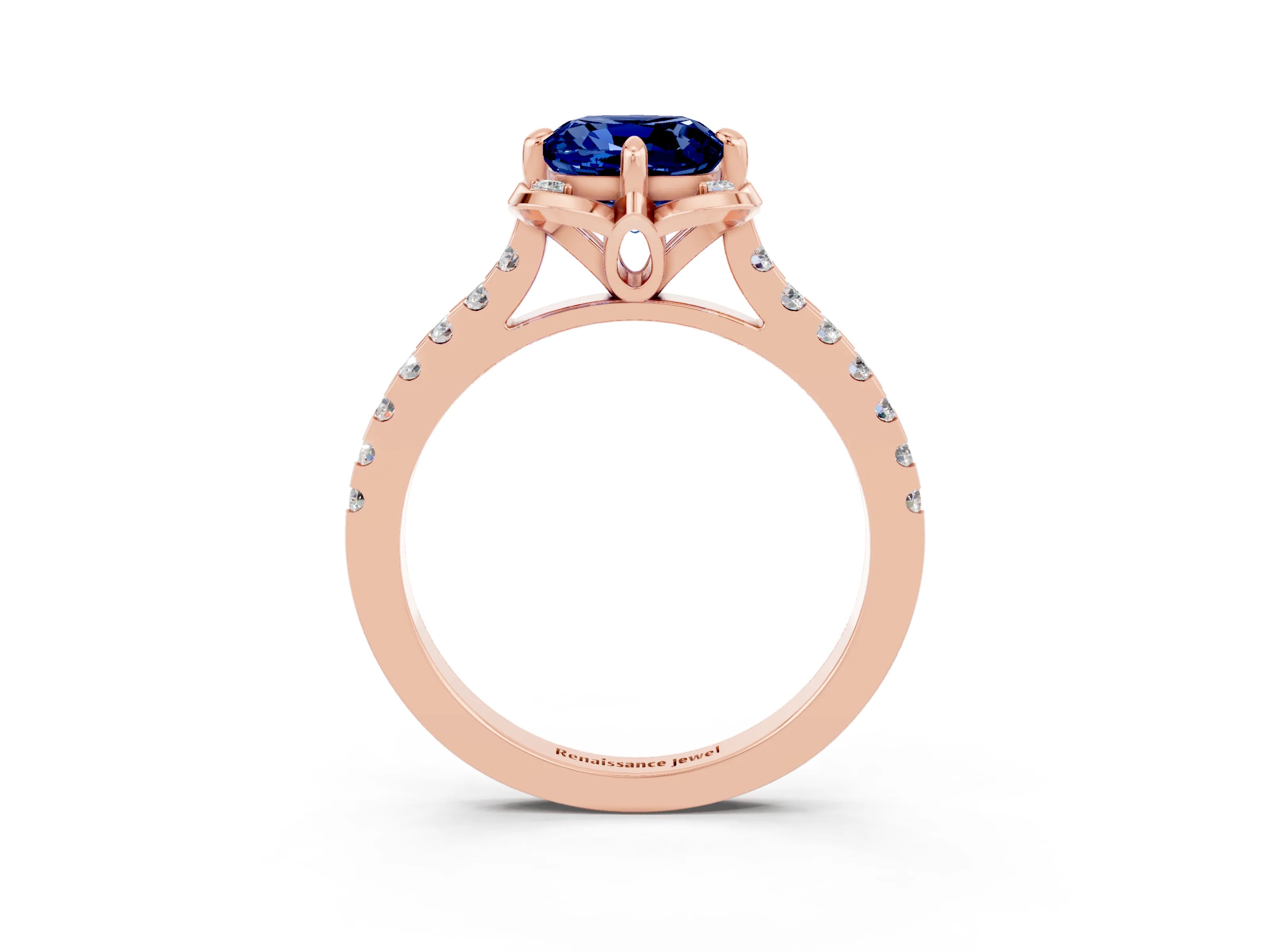 Rose gold Cushion Cut Blue Sapphire Ring with Pavé Band and Floral Prong Setting_3