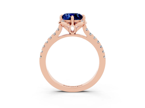 Rose gold Cushion Cut Blue Sapphire Ring with Pavé Band and Floral Prong Setting