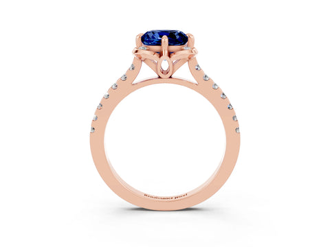 Rose gold Cushion Cut Blue Sapphire Ring with Pavé Band and Floral Prong Setting_3