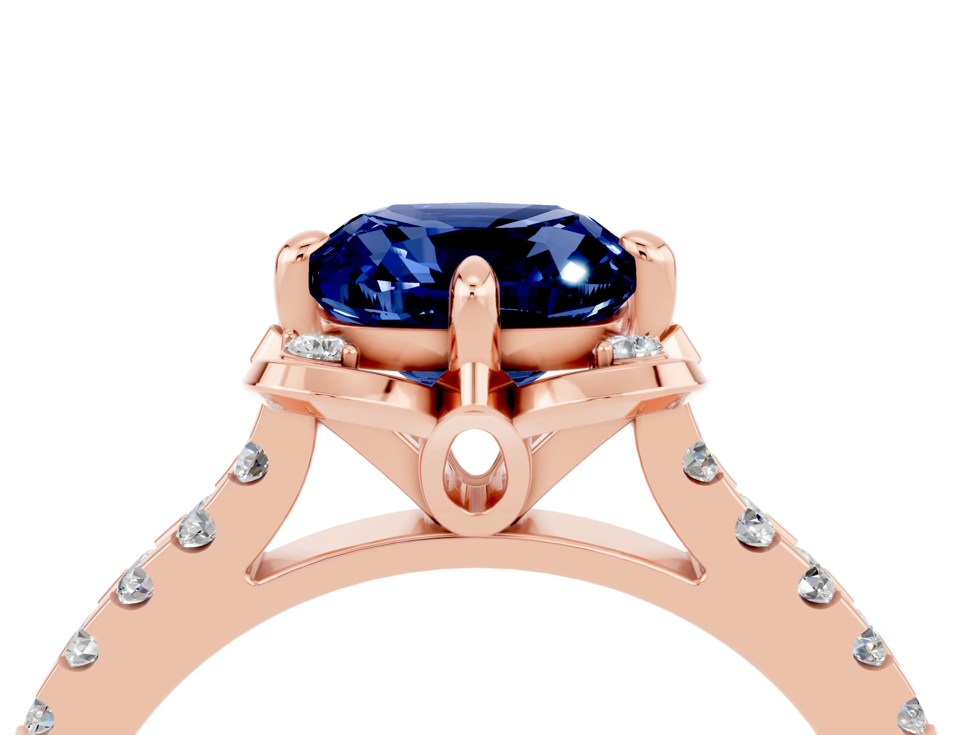 Rose gold Cushion Cut Blue Sapphire Ring with Pavé Band and Floral Prong Setting_4