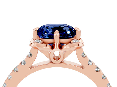 Rose gold Cushion Cut Blue Sapphire Ring with Pavé Band and Floral Prong Setting_4