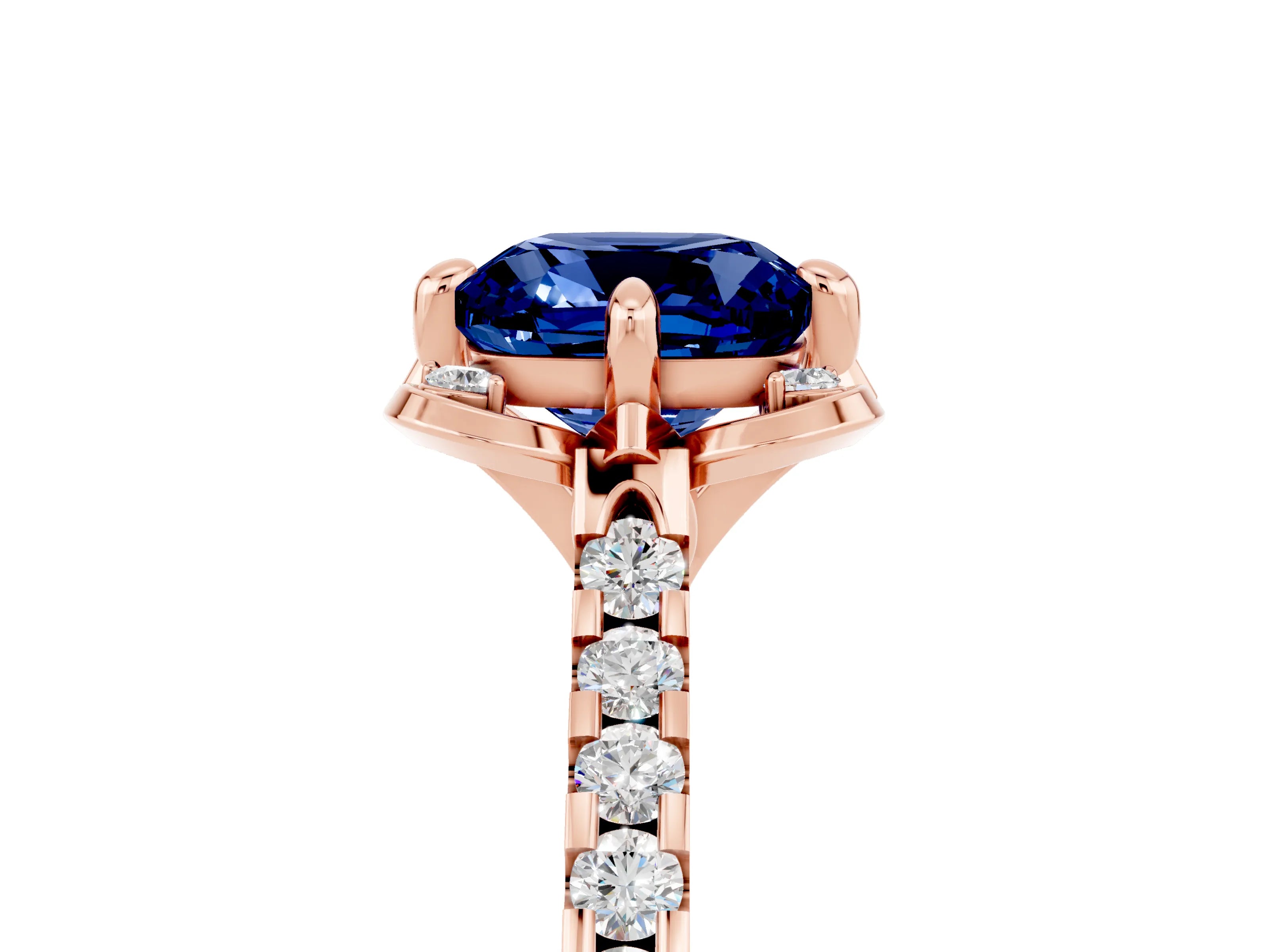 Rose gold Cushion Cut Blue Sapphire Ring with Pavé Band and Floral Prong Setting_5