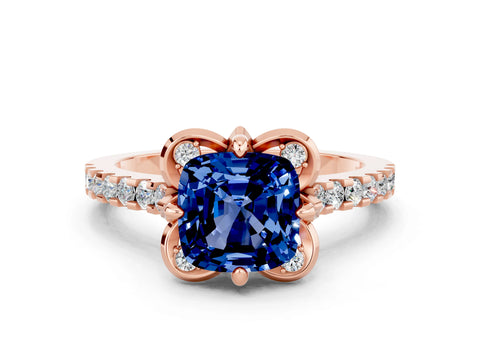 Rose gold Cushion Cut Blue Sapphire Ring with Pavé Band and Floral Prong Setting