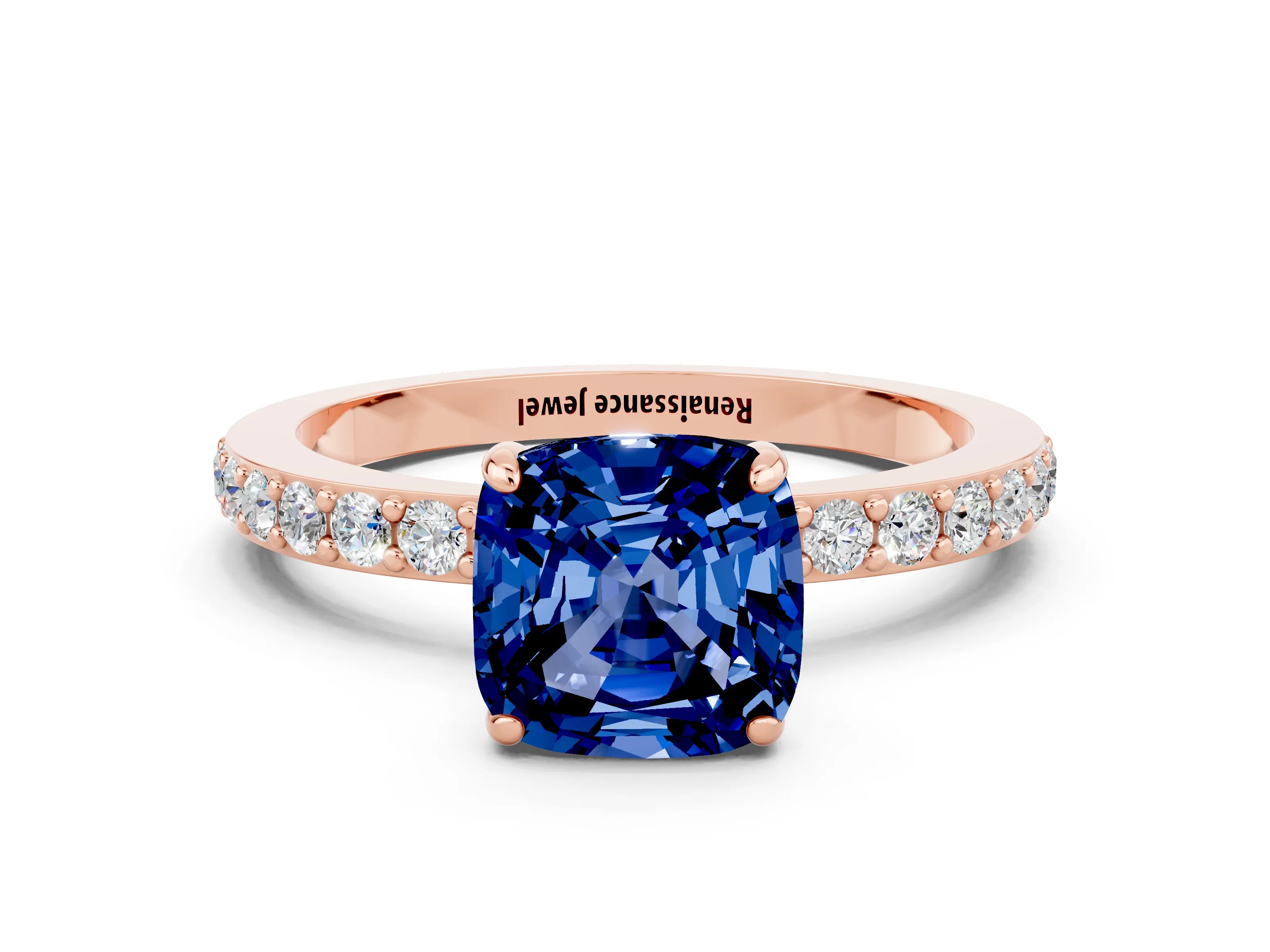 Rose gold Cushion Cut Blue Sapphire Ring with Pavé Band and Four-Prong Setting