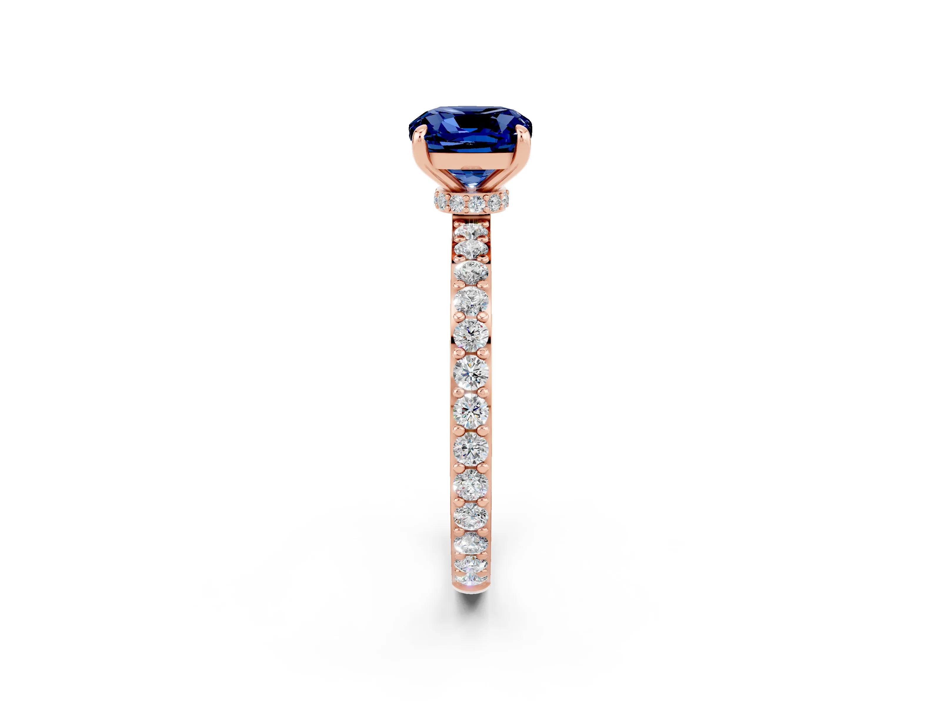 Rose gold Cushion Cut Blue Sapphire Ring with Pavé Band and Four-Prong Setting_2