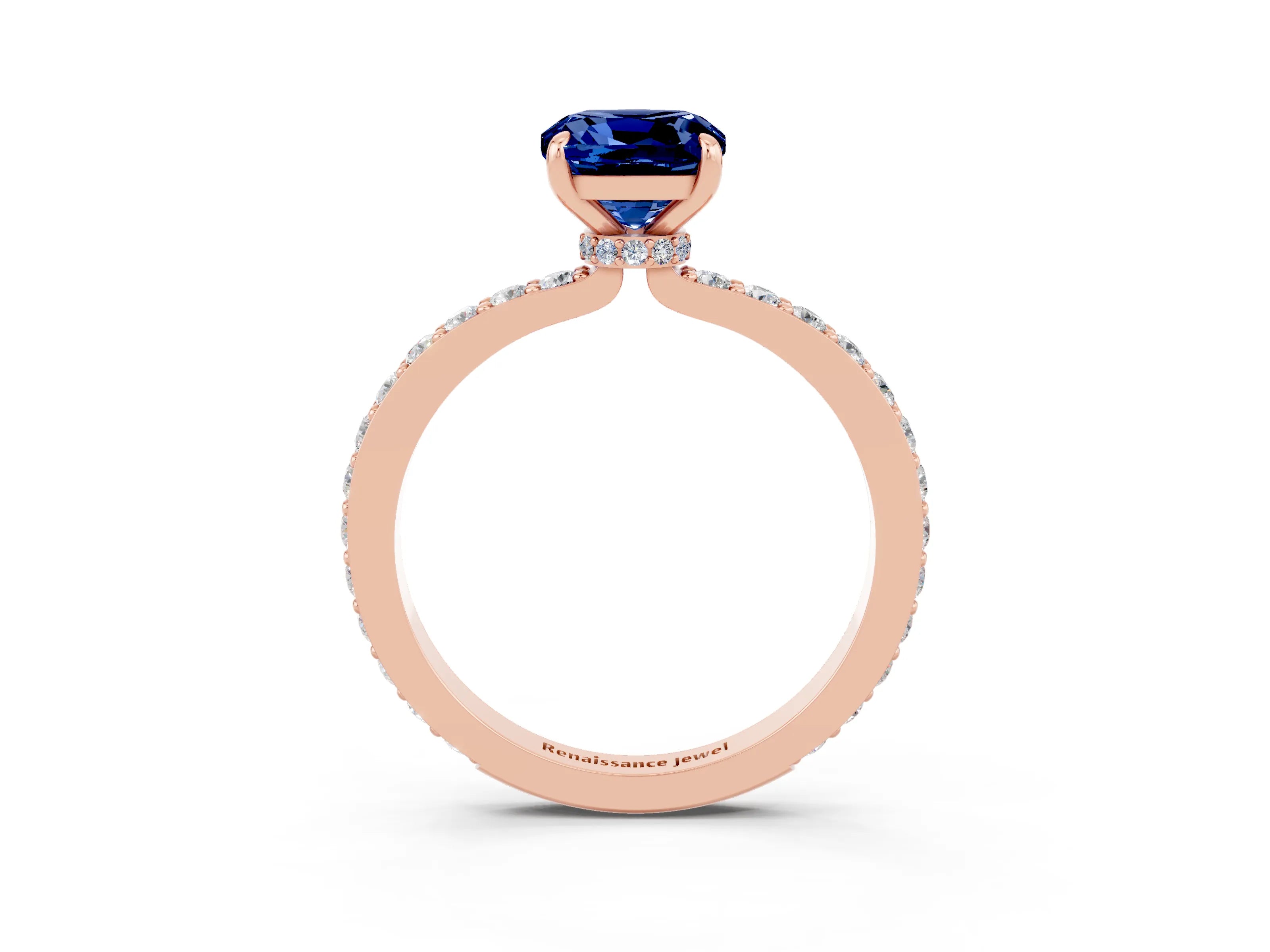 Rose gold Cushion Cut Blue Sapphire Ring with Pavé Band and Four-Prong Setting_3