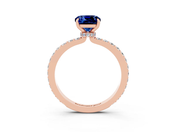 Rose gold Cushion Cut Blue Sapphire Pavé Engagement Ring with Round  Accents and Prong Setting