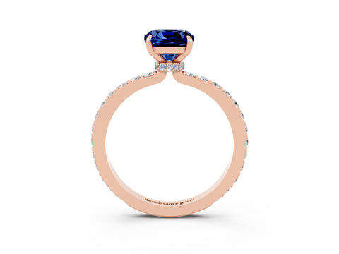 Rose gold Cushion Cut Blue Sapphire Ring with Pavé Band and Four-Prong Setting_3
