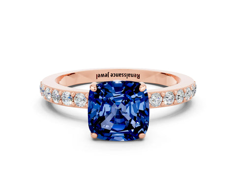 Rose gold Cushion Cut Blue Sapphire Ring with Pavé Band and Four-Prong Setting