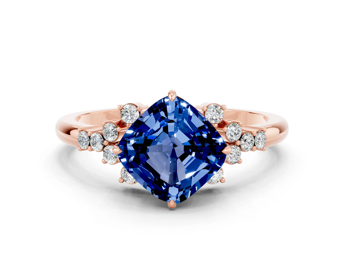 Rose gold Cushion Cut Blue Sapphire Ring with Side Stones and Four-Prong Setting_36