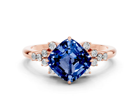 Rose gold Cushion Cut Blue Sapphire Ring with Side Stones and Four-Prong Setting_36